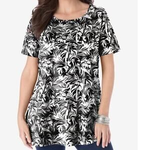 Roaman's Black Graphic Leaves Cotton Ultimate Swing Tee with Keyhole Back 18/20